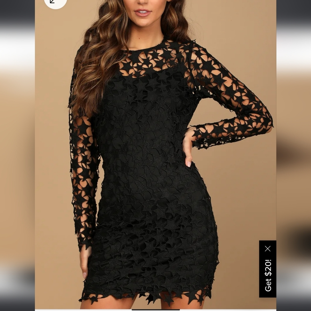 Lulu's She's A Star Black Long Sleeve Crochet Lace Star Print Cocktail Dress